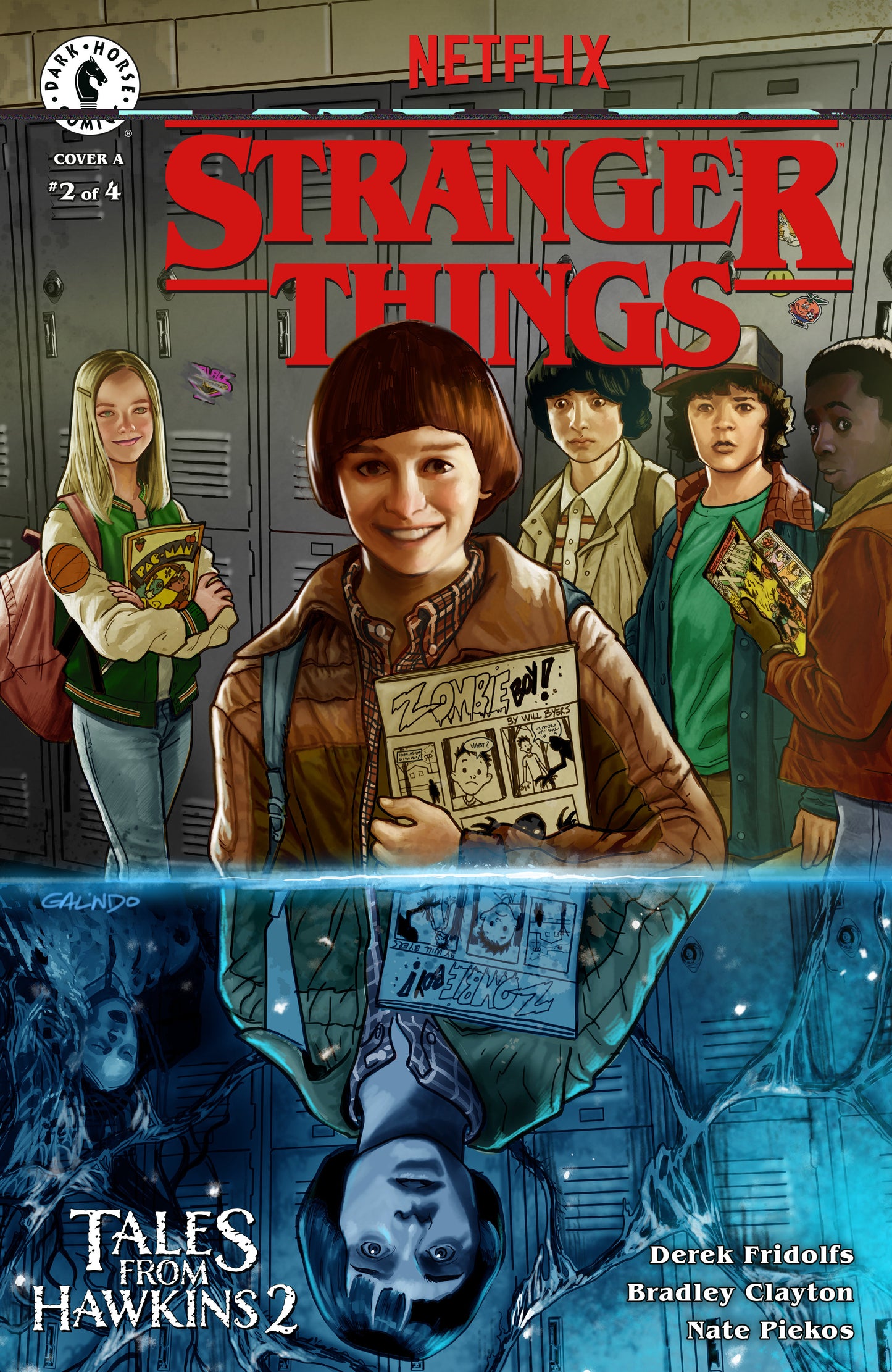 Comic book cover of 'Stranger Things' with characters in a school hallway.