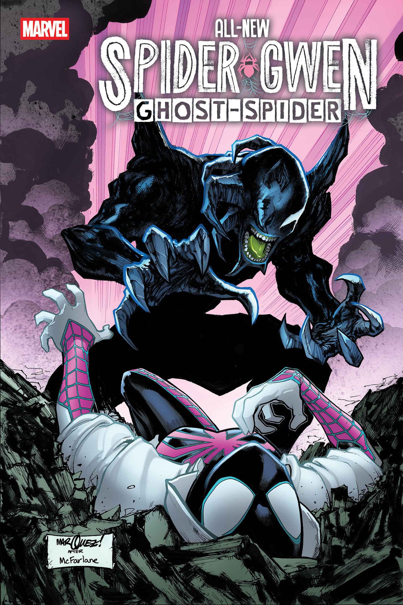 Comic book cover featuring Spider-Gwen and Ghost-Spider with a pink and black background.