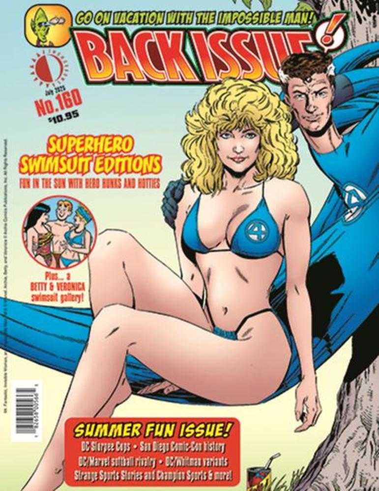 Comic book cover featuring a superhero and a woman in a swimsuit with promotional text.