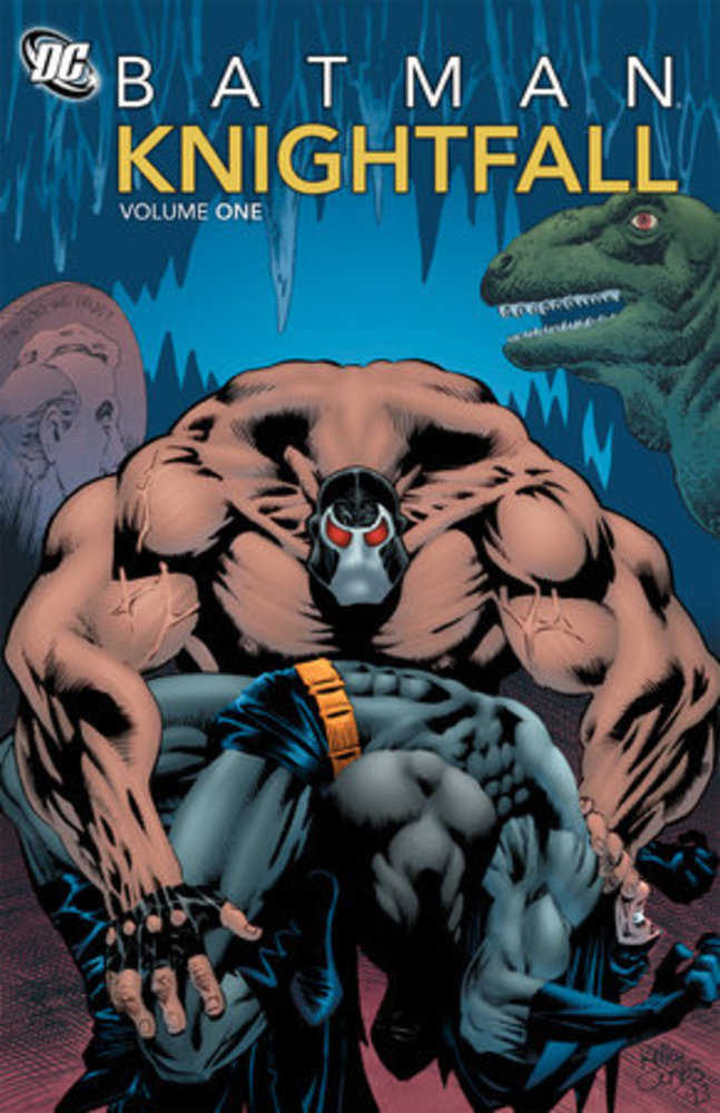 Comic book cover of 'Batman: Knightfall' with a creature and character on a blue background