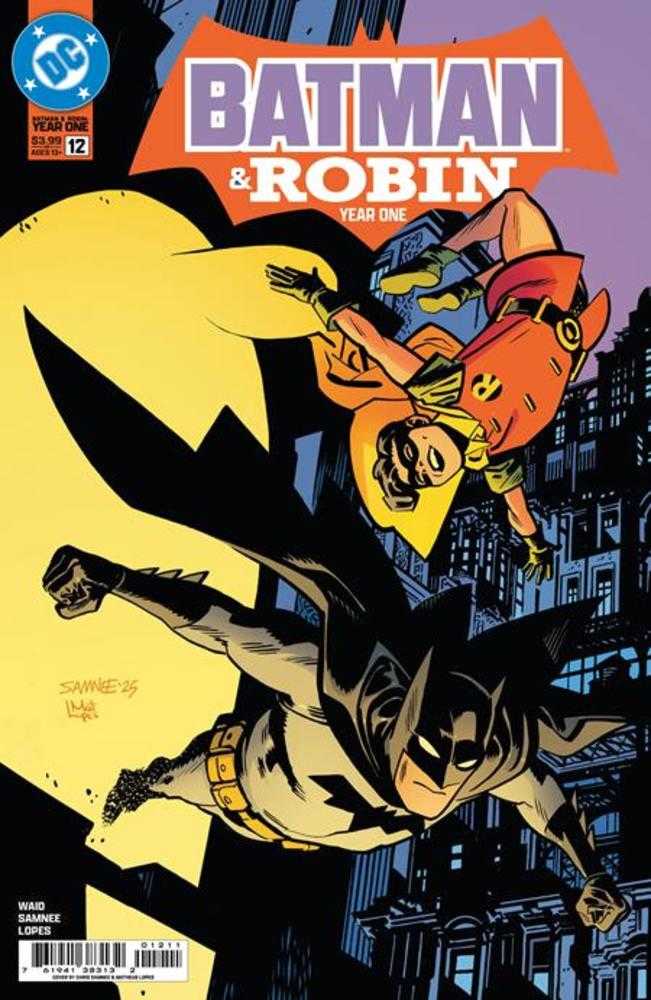 Comic book cover featuring Batman and Robin with a cityscape background