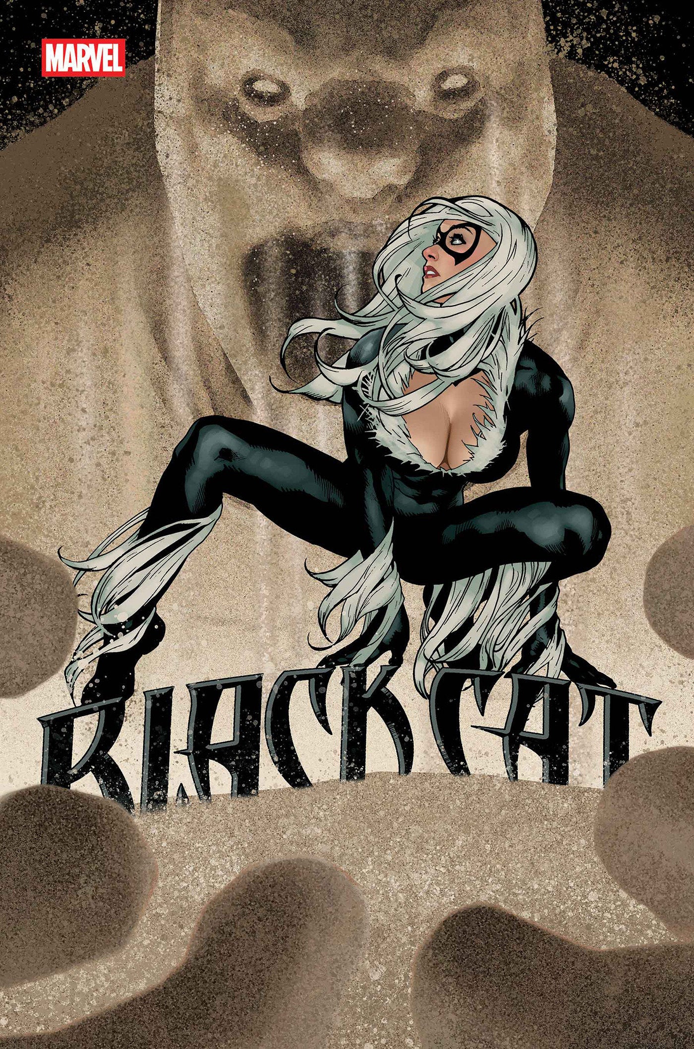 Comic book cover featuring a superheroine with white hair and black outfit, with 'Black Cat' text and Marvel logo.