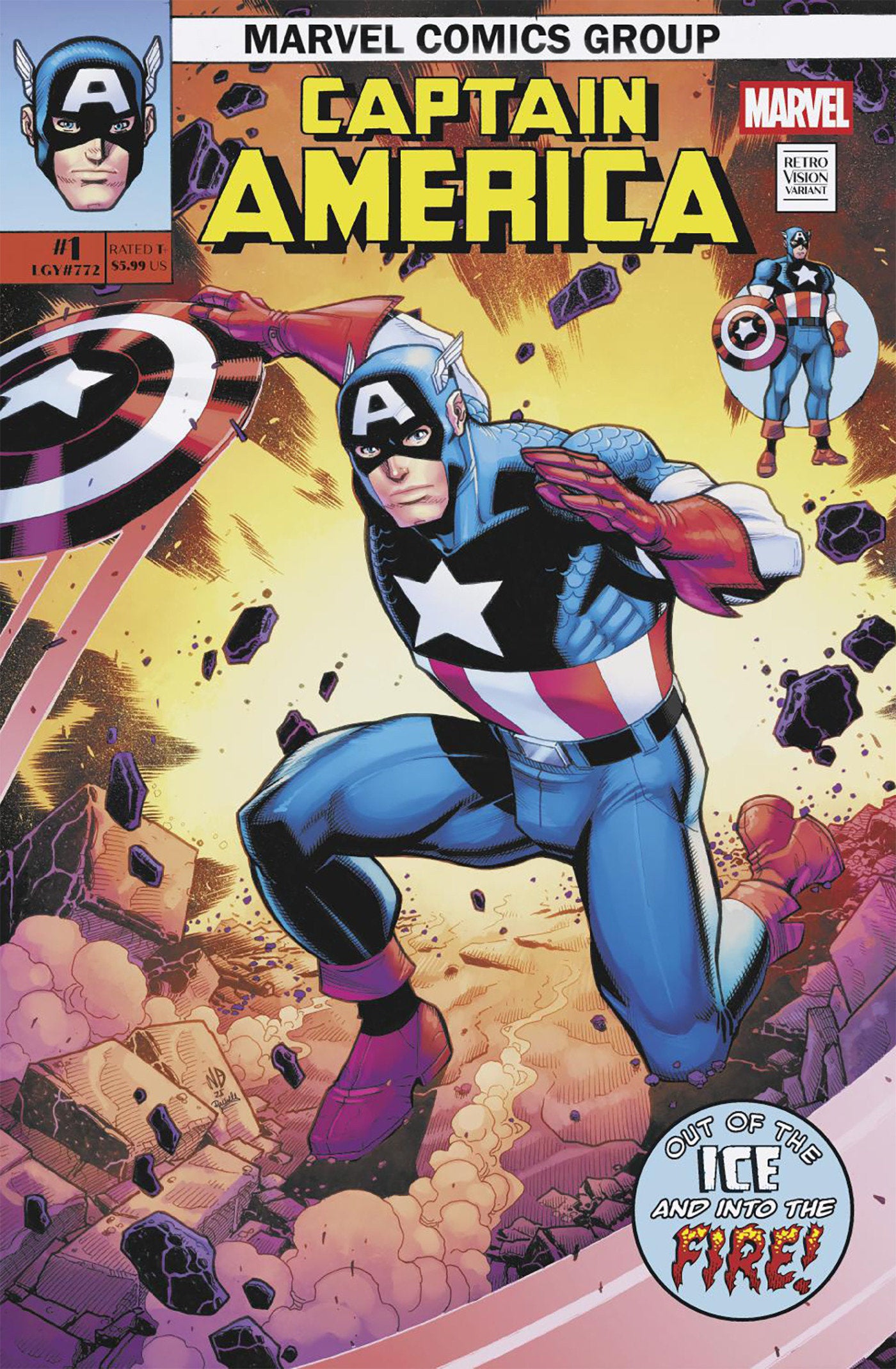 Comic book cover featuring Captain America in action pose with Marvel logo