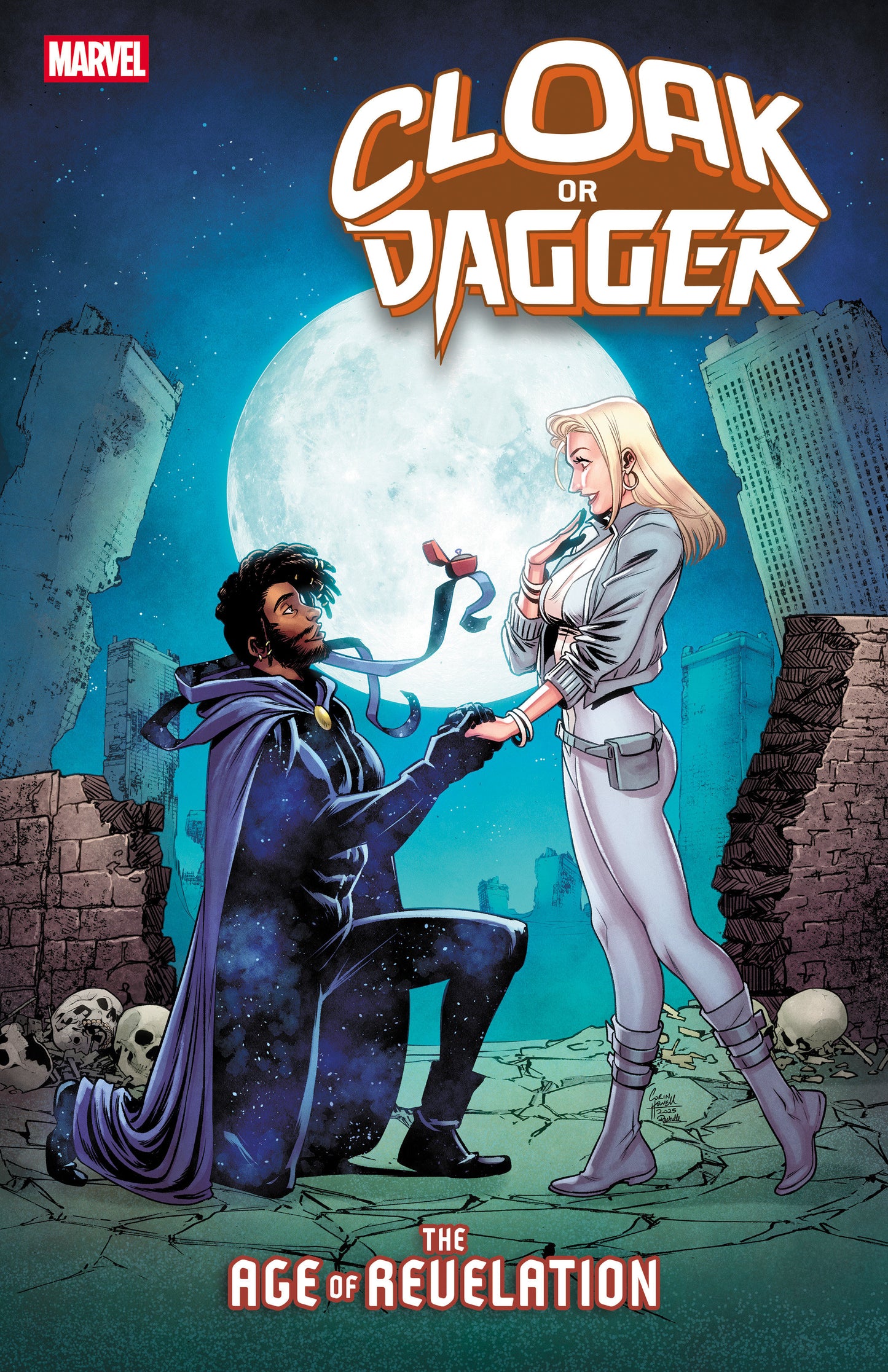 Comic book cover featuring two characters in a dramatic pose with a cityscape and moon in the background.