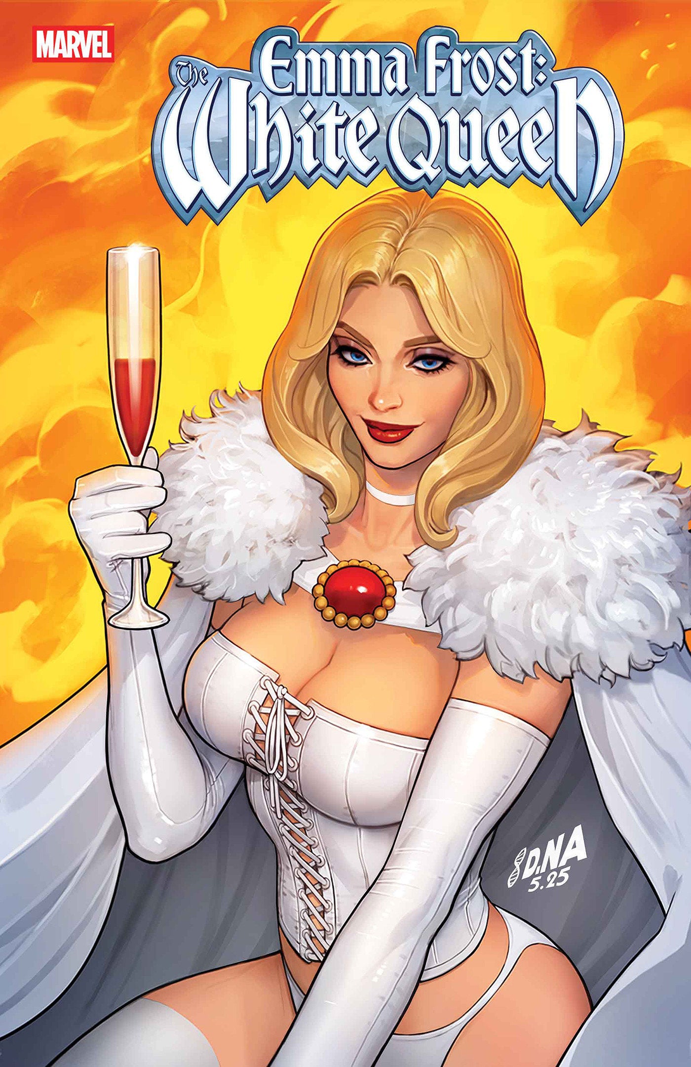 Comic book cover featuring a character in a white outfit with a red gem, holding a glass with a red liquid against a fiery background.
