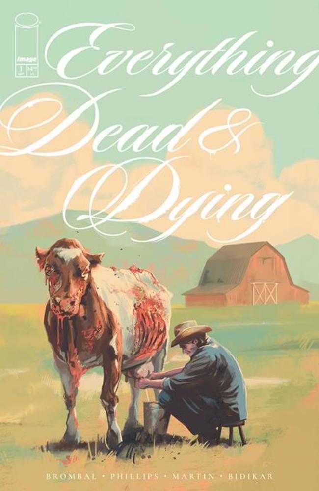 Book cover of 'Everything Dead & Dying' with a cow and person in a field and barn.