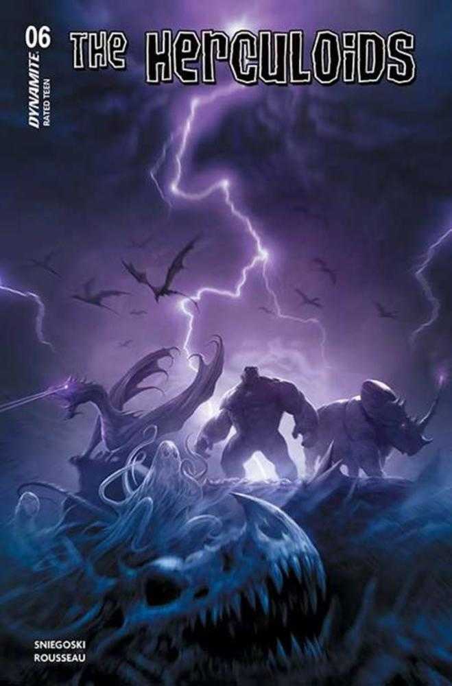 Comic book cover of 'The Herculoids' with a dark, stormy sky and creatures.