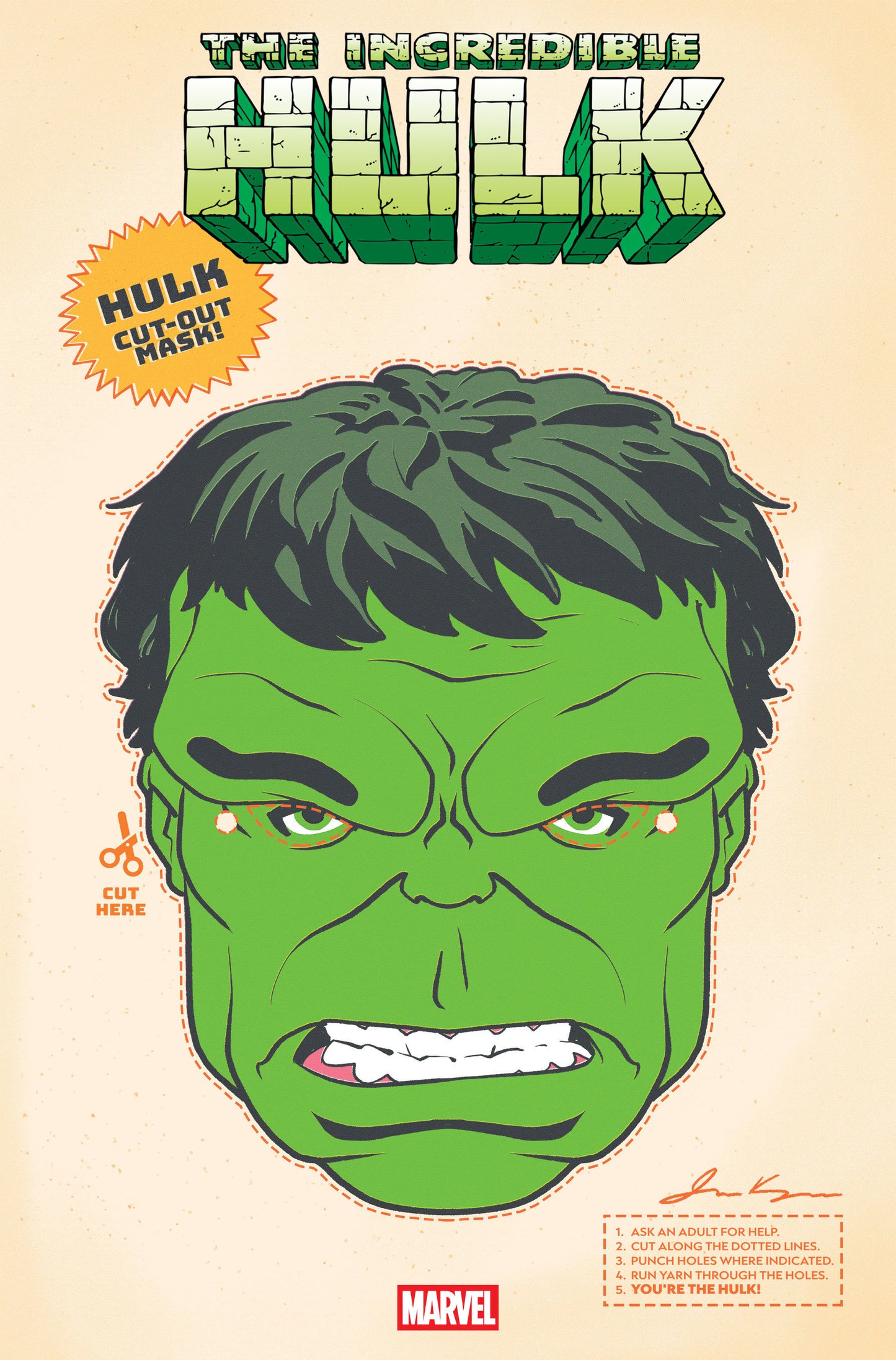Green Hulk mask with text and Marvel logo on a beige background