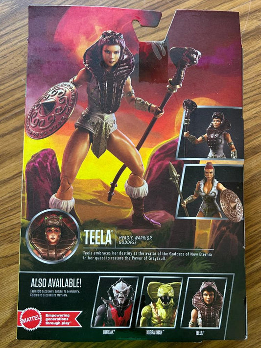 Action figure packaging with character illustration and product details on a wooden surface