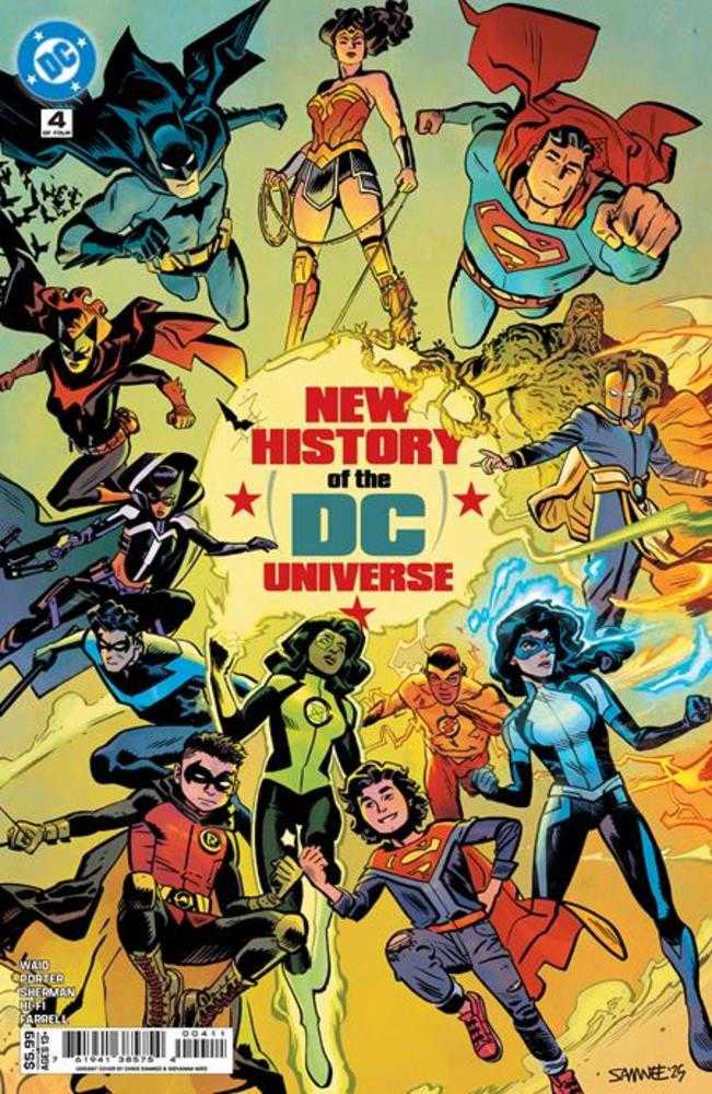 Comic book cover featuring characters from the DC Universe with 'New History of the DC Universe' text.