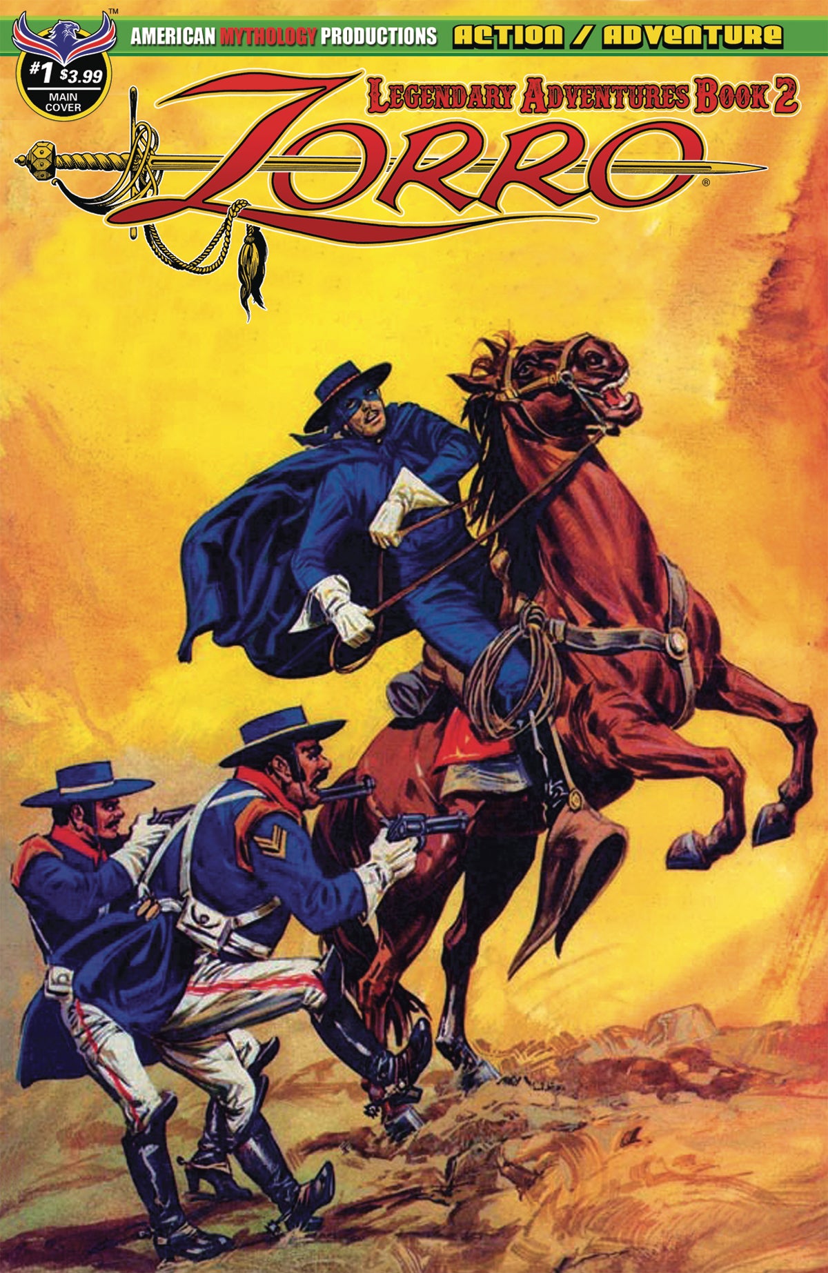Comic book cover featuring Zorro on horseback with two men in pursuit, set against a yellow background.