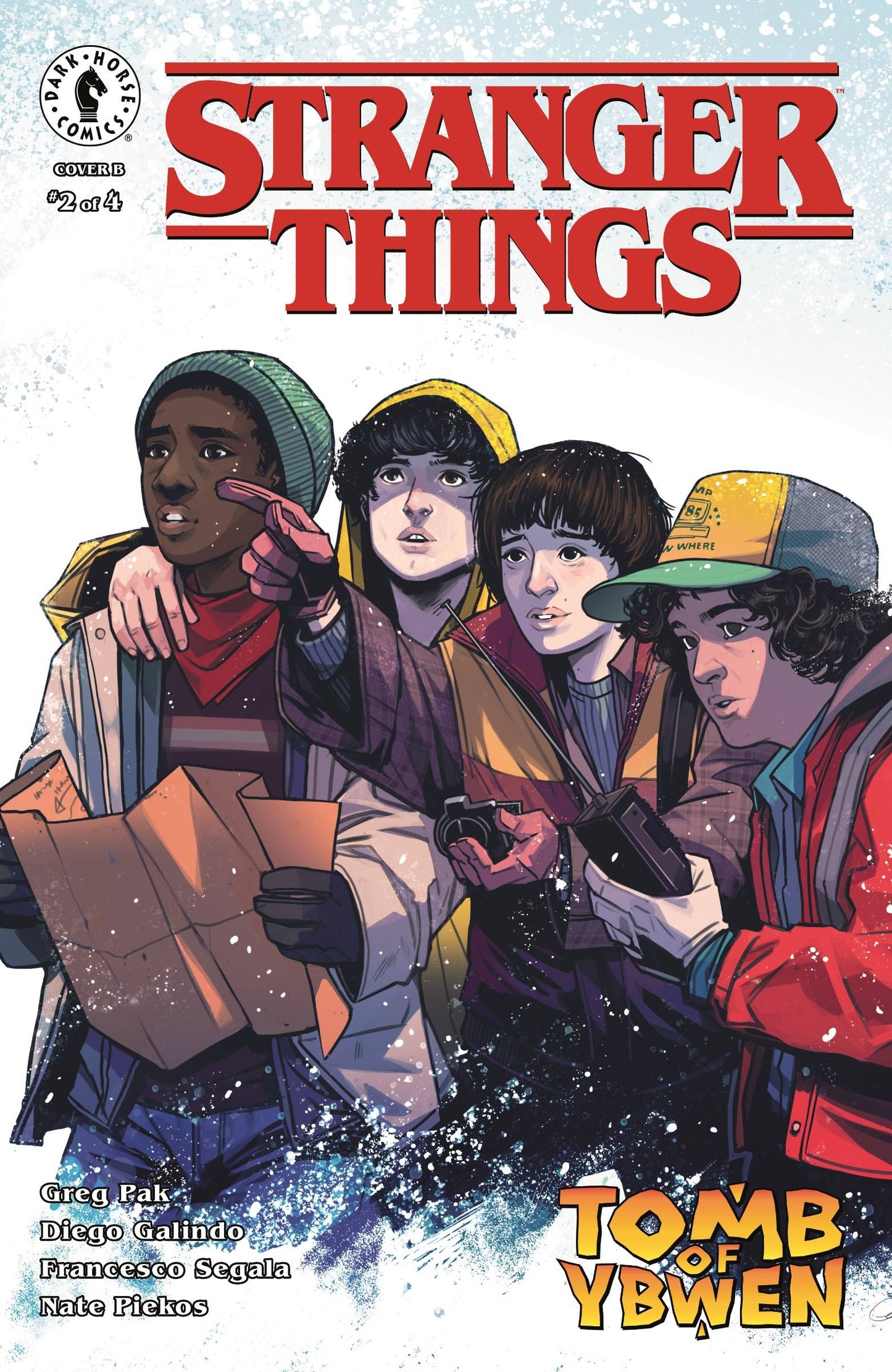 Comic book cover of 'Stranger Things' with characters in winter clothing against a snowy background.