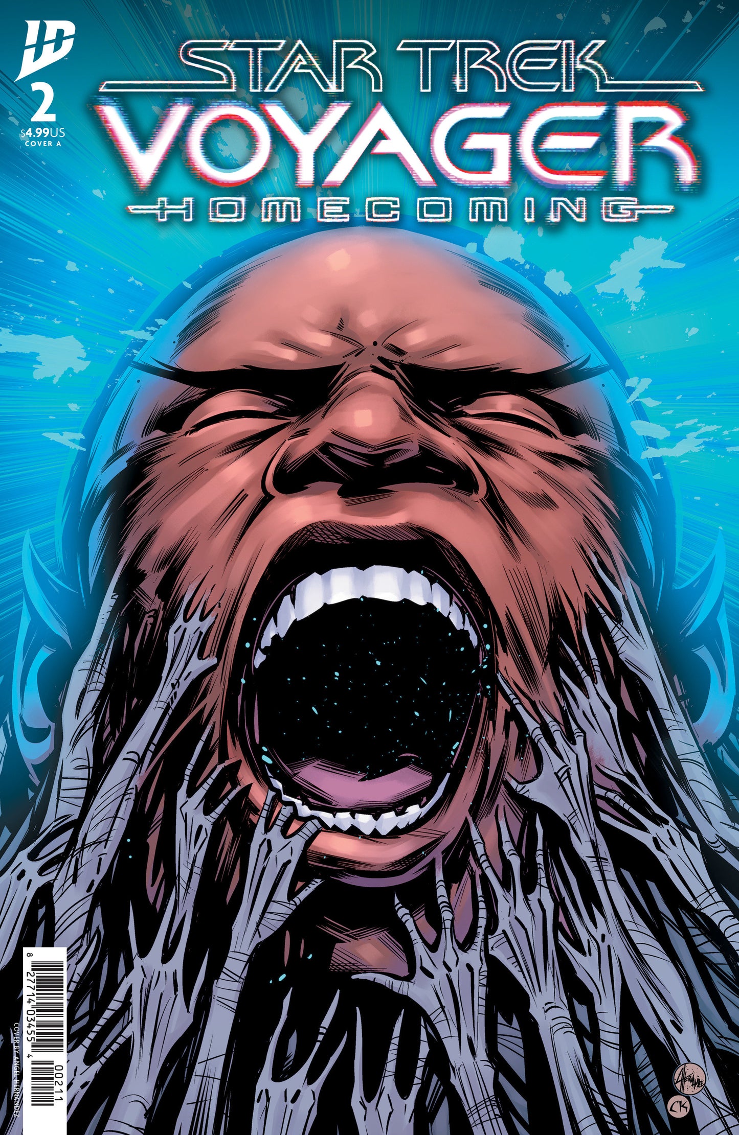 Comic book cover of 'Star Trek Voyager Homecoming' with a close-up of a character's face.