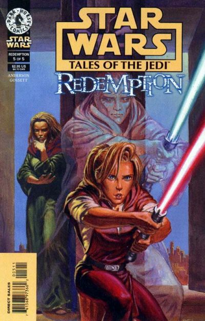 Comic book cover of 'Star Wars: Tales of the Jedi - Redemption' featuring characters with a lightsaber.