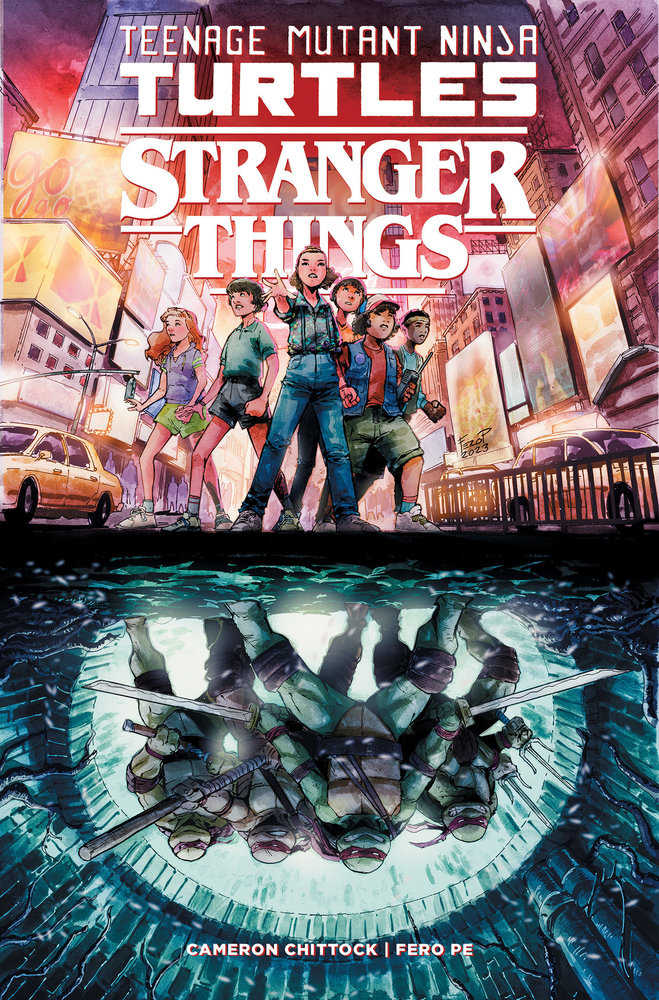 Comic book cover featuring Teenage Mutant Ninja Turtles and Stranger Things characters with a cityscape background.