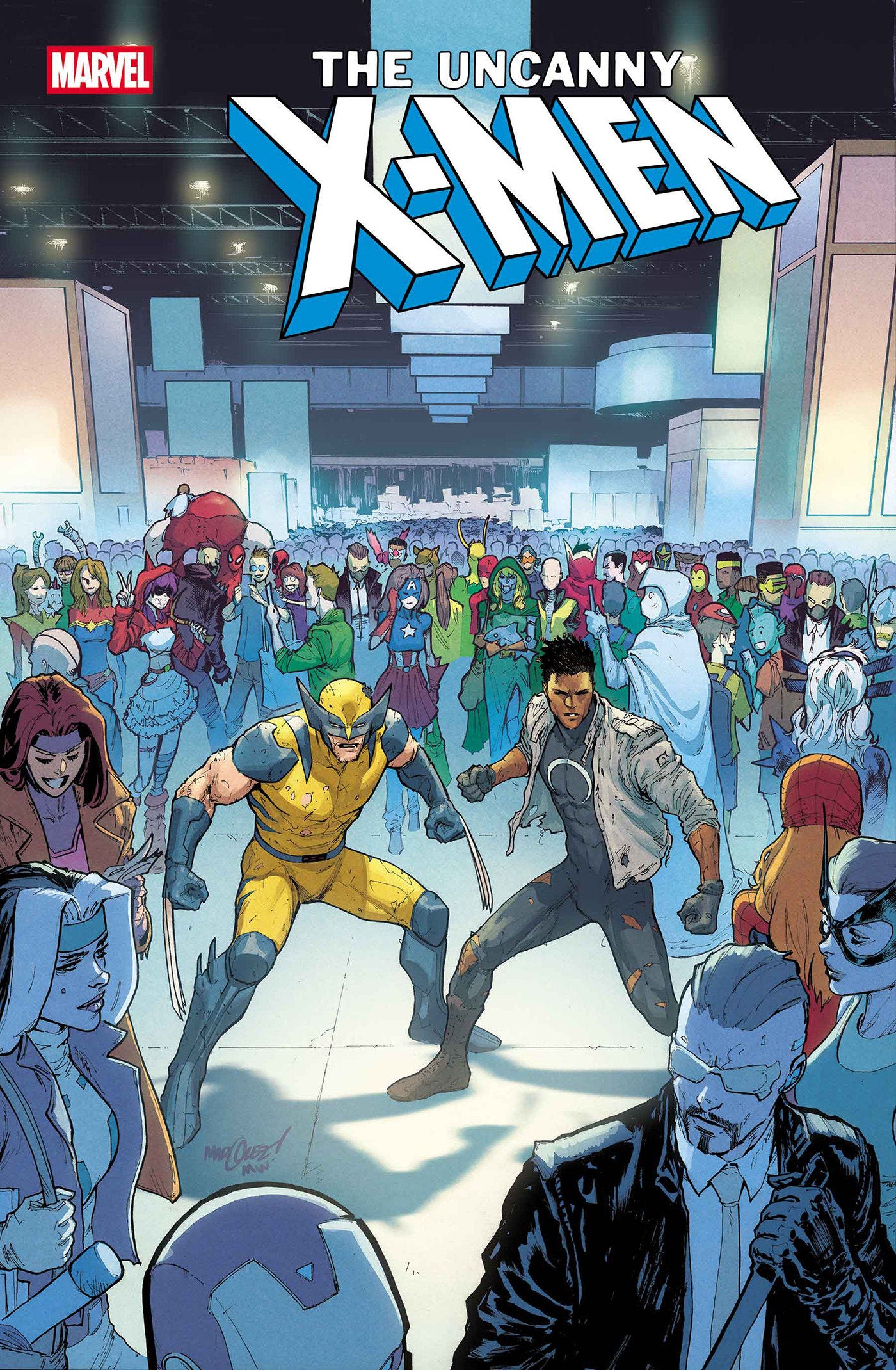Comic book cover featuring X-Men characters in a crowded room.
