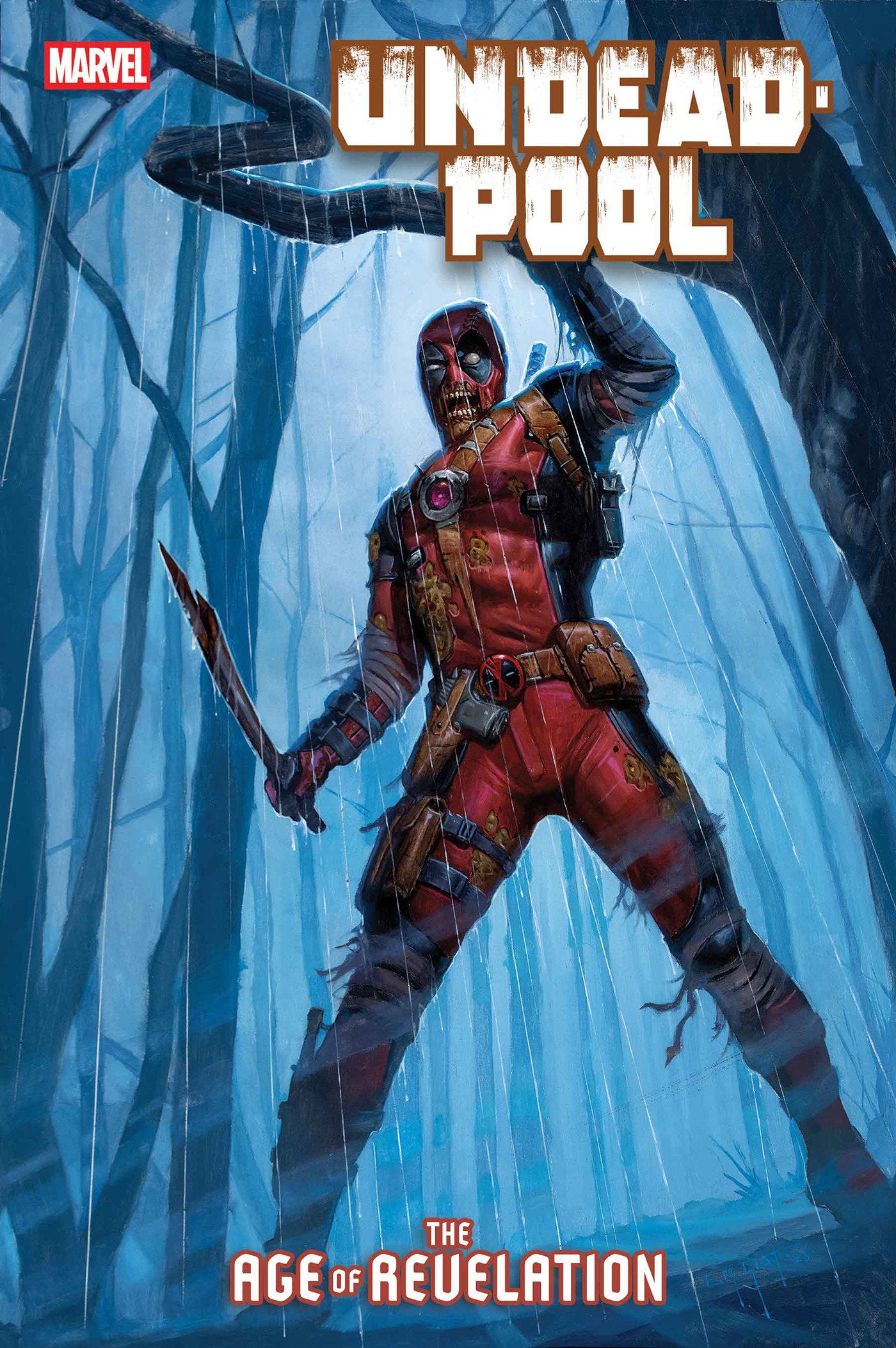 Comic book cover featuring a character in a red suit with a weapon, set against a forest background.