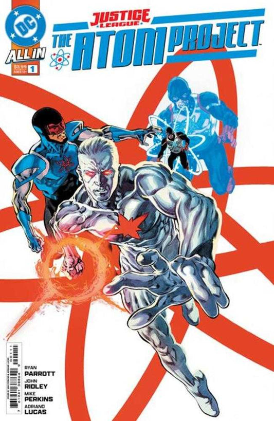 Cover of Justice League The Atom Project #1 featuring superhero characters Atom and Captain Atom in a dynamic pose with a red and blue background.