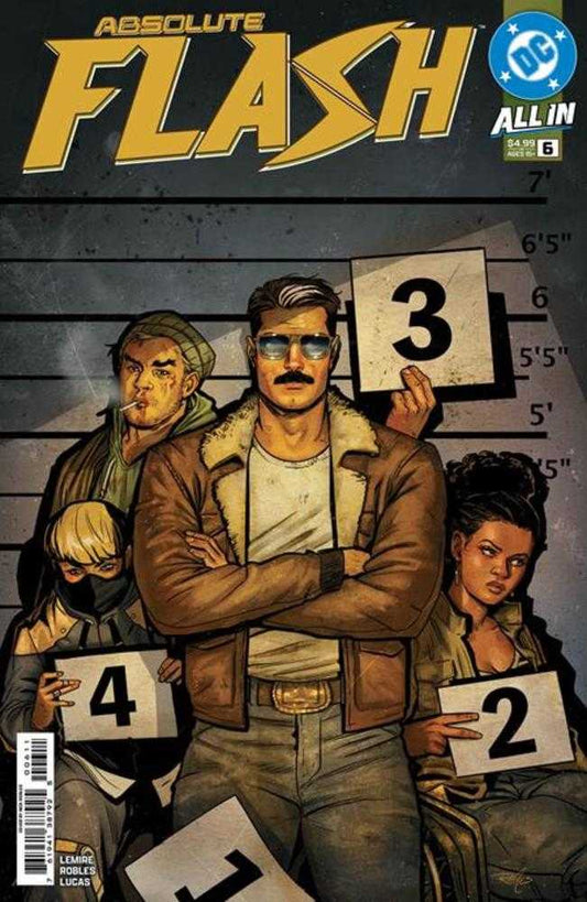 Comic book cover featuring a character in a mugshot with others, titled 'Absolute Flash'.