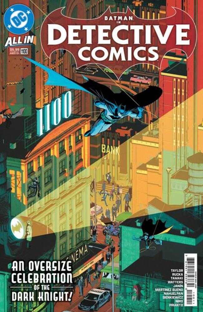 Comic book cover of Detective Comics featuring Batman flying over a cityscape.