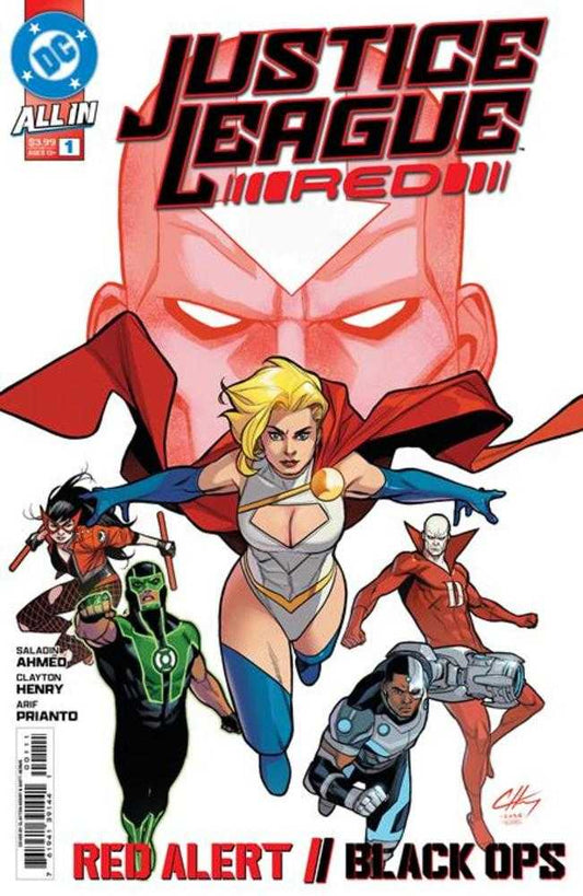 Comic book cover of 'Justice League Red' featuring superhero characters with red accents.
