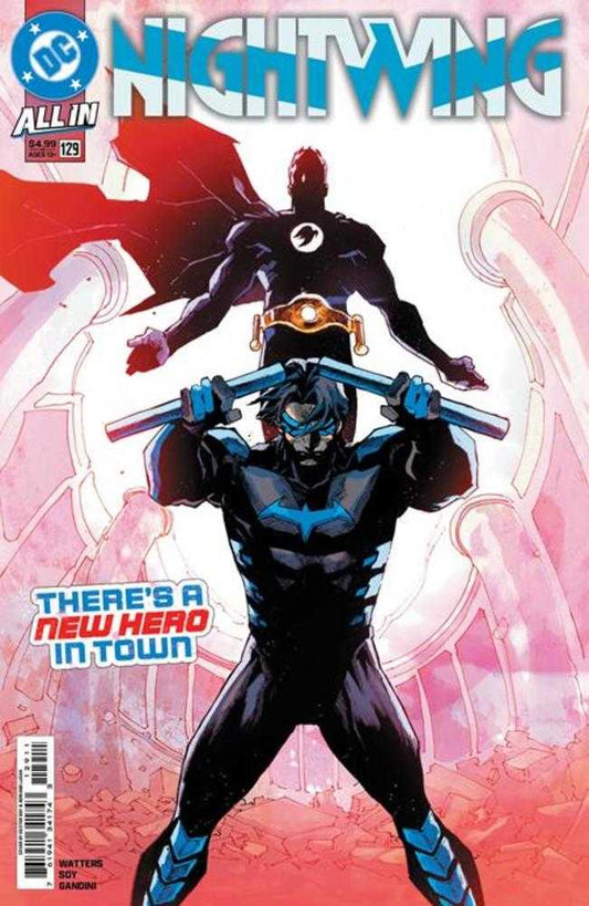 Comic book cover featuring a superhero in a black and blue costume with red accents, holding two swords.