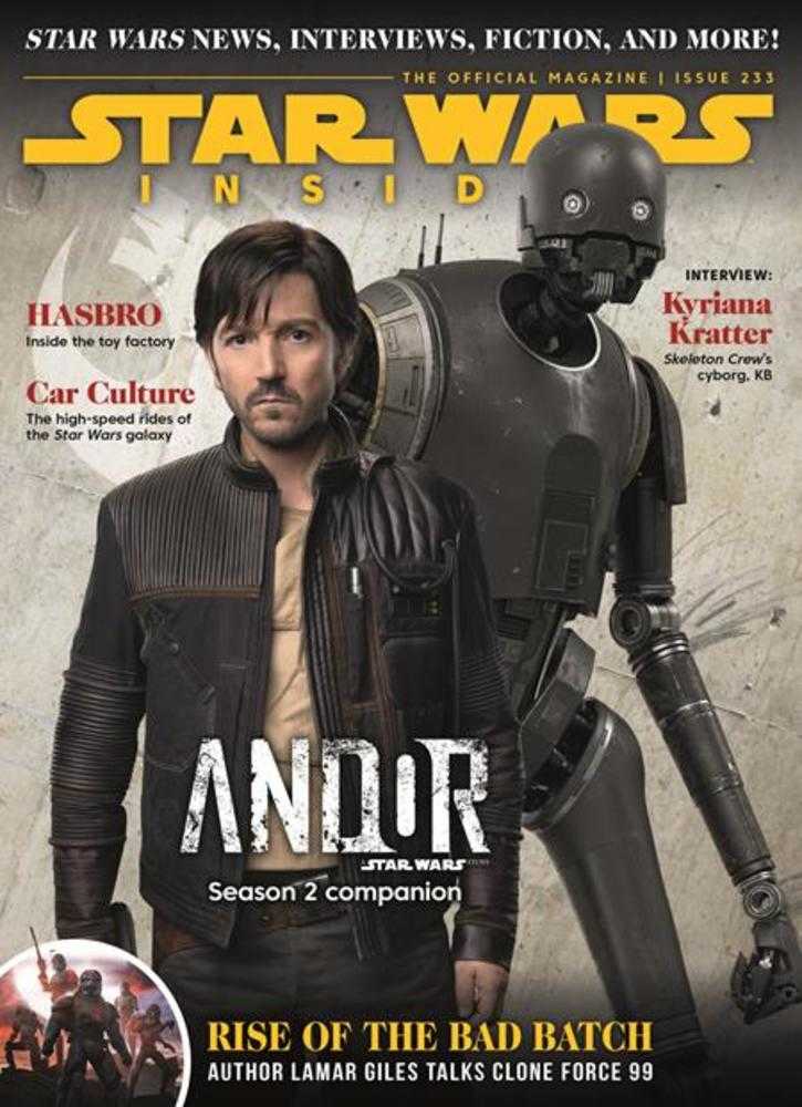 Magazine cover featuring a person with a robot companion, titled 'Star Wars Inside'.