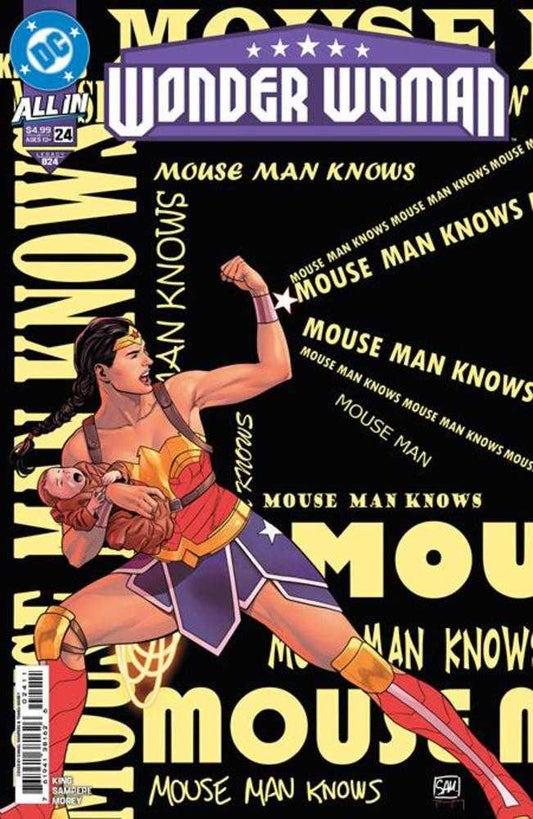 Comic book cover featuring Wonder Woman with text 'Mouse Man Knows' repeated