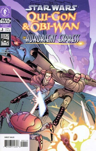 Comic book cover featuring Qui-Gon and Obi-Wan from 'Star Wars' with a space-themed background.