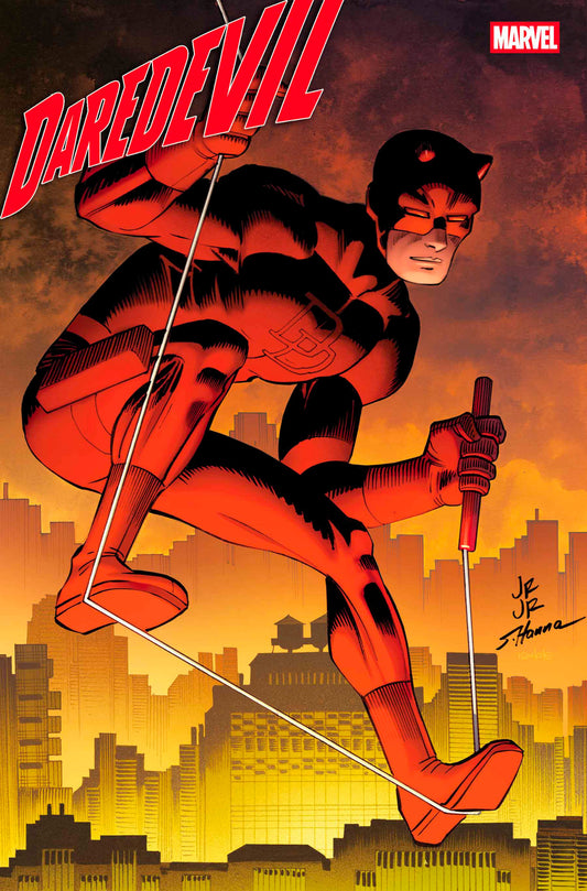 Daredevil superhero in red and black costume with cityscape background