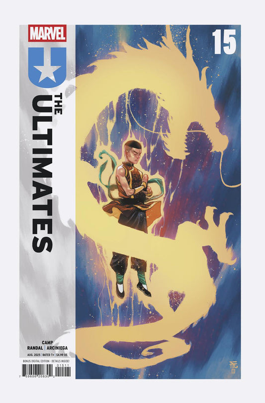 Comic book cover of 'The Ultimates' featuring a character on a dragon with Marvel logo.