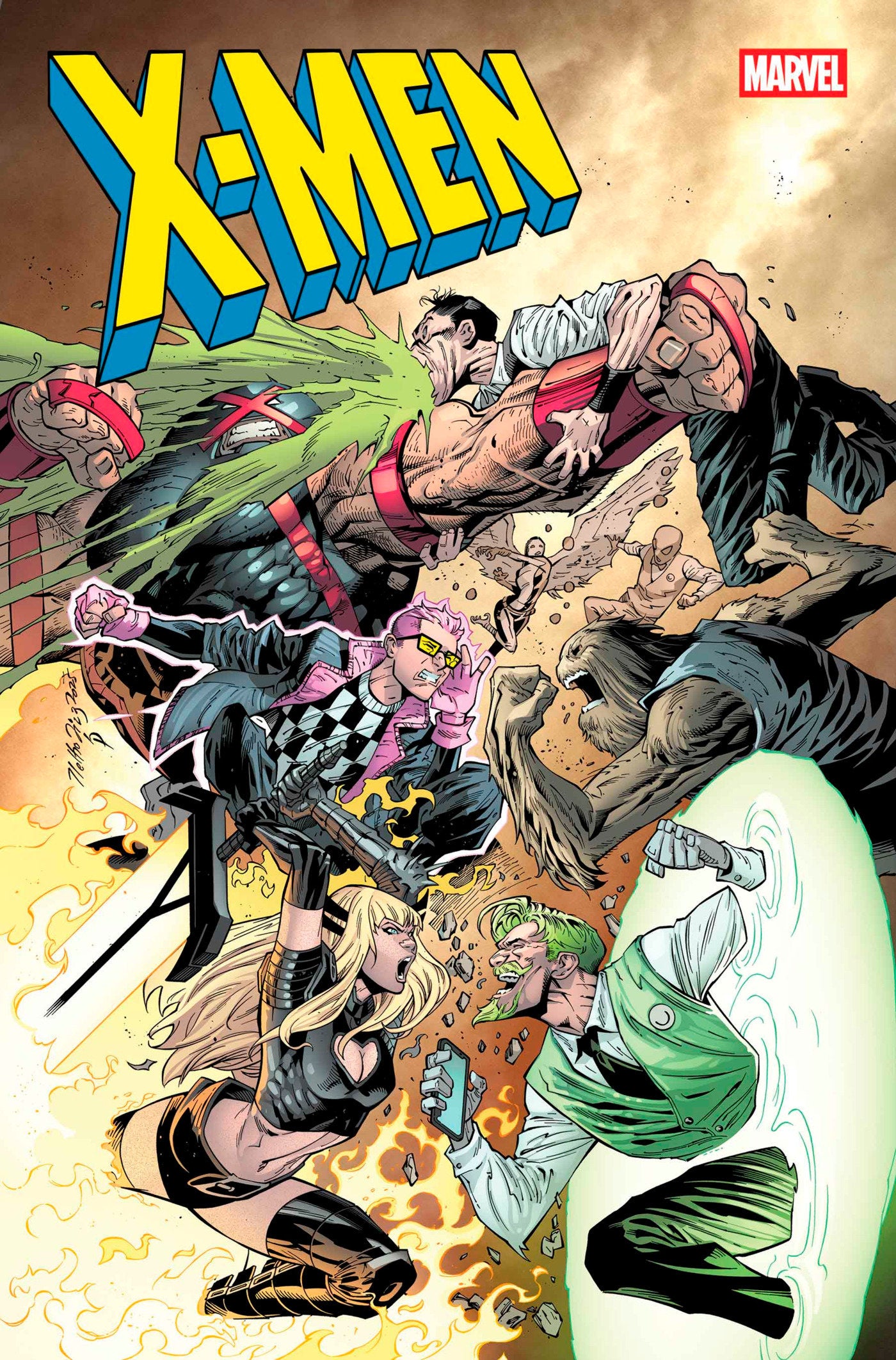Comic book cover featuring X-Men characters in action with 'X-Men' and Marvel logos.