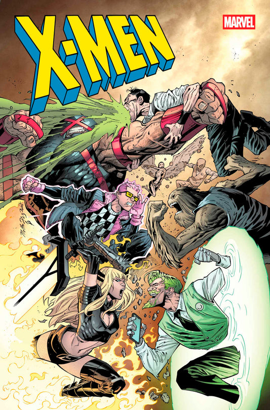 Comic book cover featuring X-Men characters in action with 'X-Men' and Marvel logos.