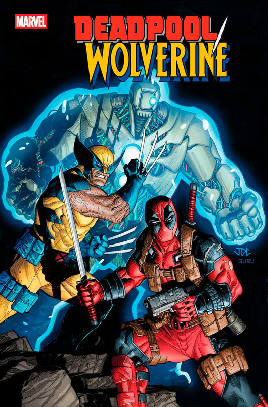 Comic book cover featuring Deadpool and Wolverine with a blue energy effect.