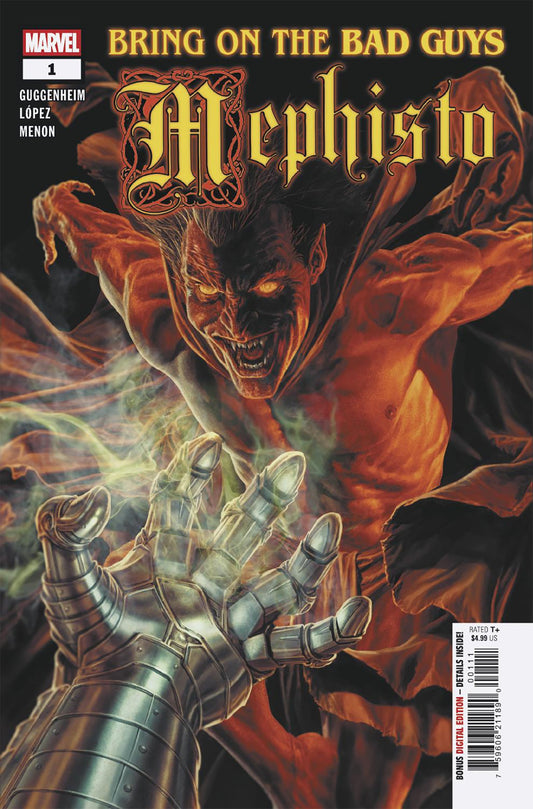 Comic book cover featuring a character with glowing eyes and metallic gloves, titled 'Mephisto'.