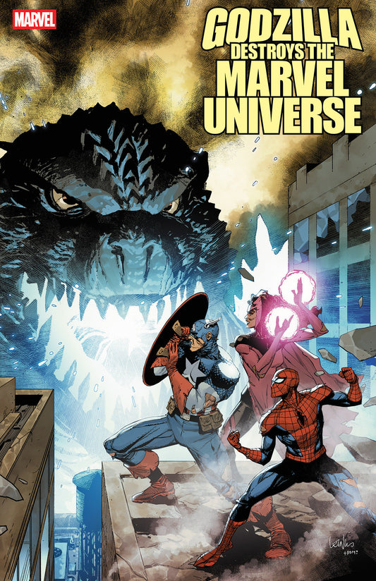 Comic book cover featuring Godzilla destroying the Marvel Universe with superhero characters in the foreground.