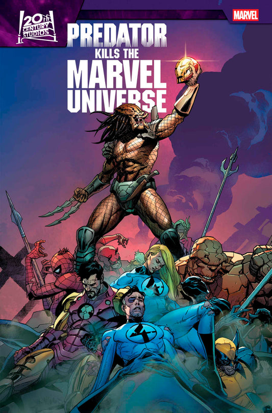 Comic book cover featuring Predator and Marvel characters with a purple and blue background.