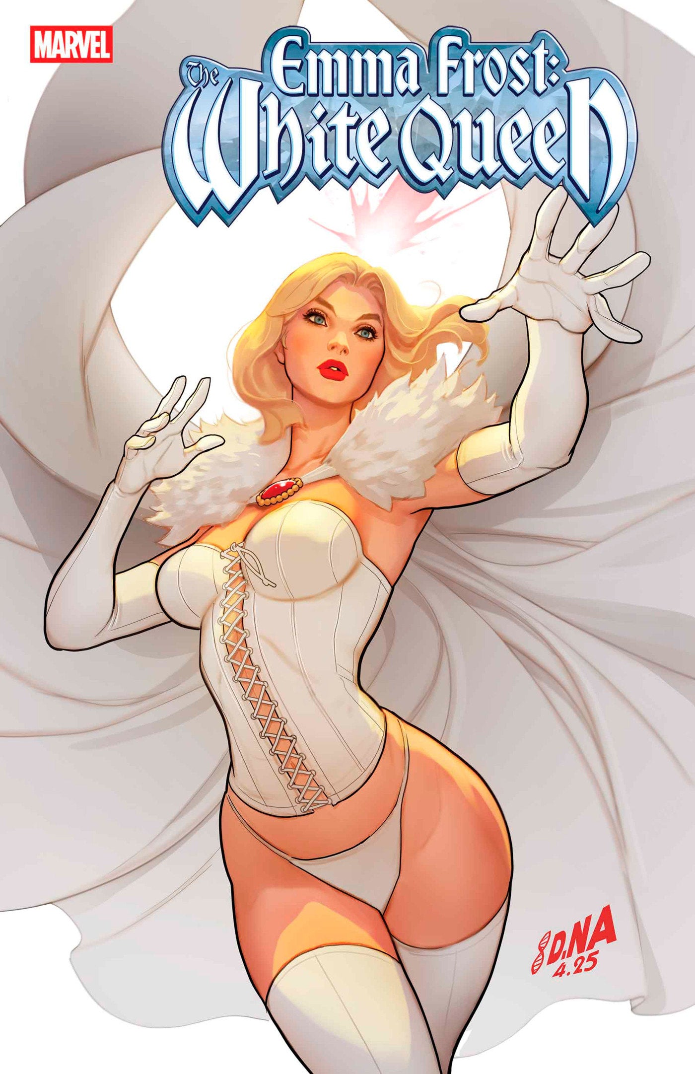 Comic book cover featuring Emma Frost in a white and orange costume with 'Marvel' logo.