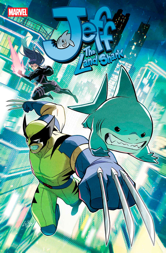 Comic book cover featuring a superhero and shark character with a cityscape background.