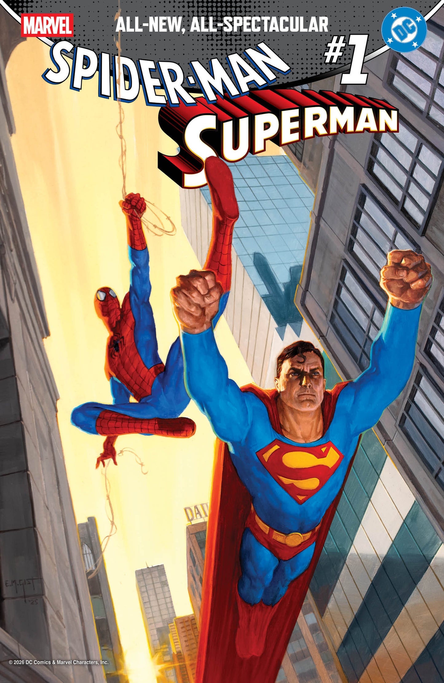 Comic book cover featuring Spider-Man and Superman in a superhero pose with cityscape background.