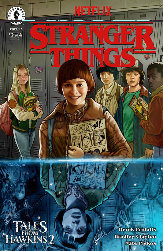 Comic book cover of 'Stranger Things' with characters in a school hallway.