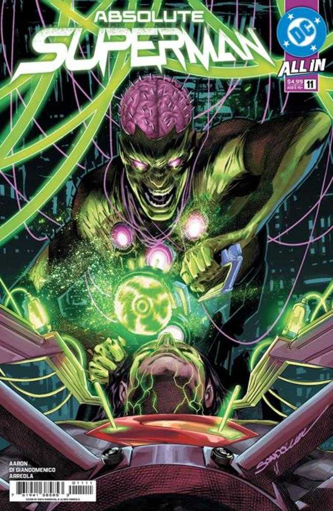 Comic book cover featuring an alien character with glowing eyes and a brain, set against a dark background with neon green and purple accents.