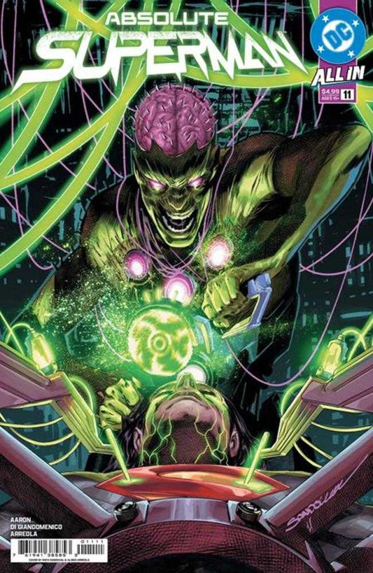 Comic book cover featuring an alien character with glowing eyes and a brain, set against a dark background with neon green and purple accents.