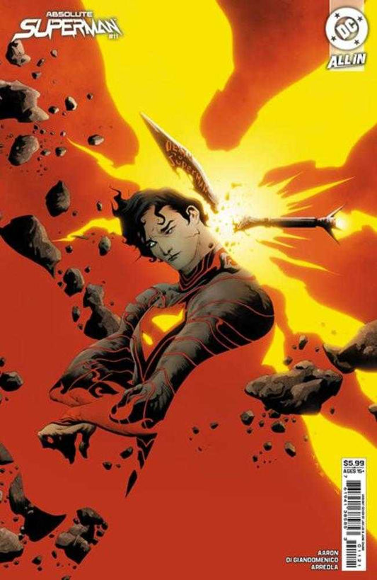 Comic book cover featuring a superhero in a dynamic pose with a fiery background