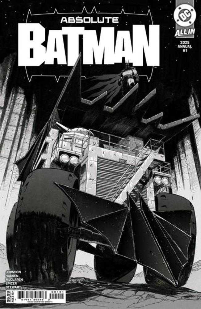 Comic book cover of 'Absolute Batman' with a black and white illustration of a Batmobile and a character on a rooftop.