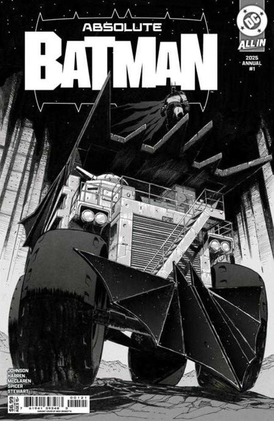 Comic book cover of 'Absolute Batman' with a black and white illustration of a Batmobile and a character on a rooftop.