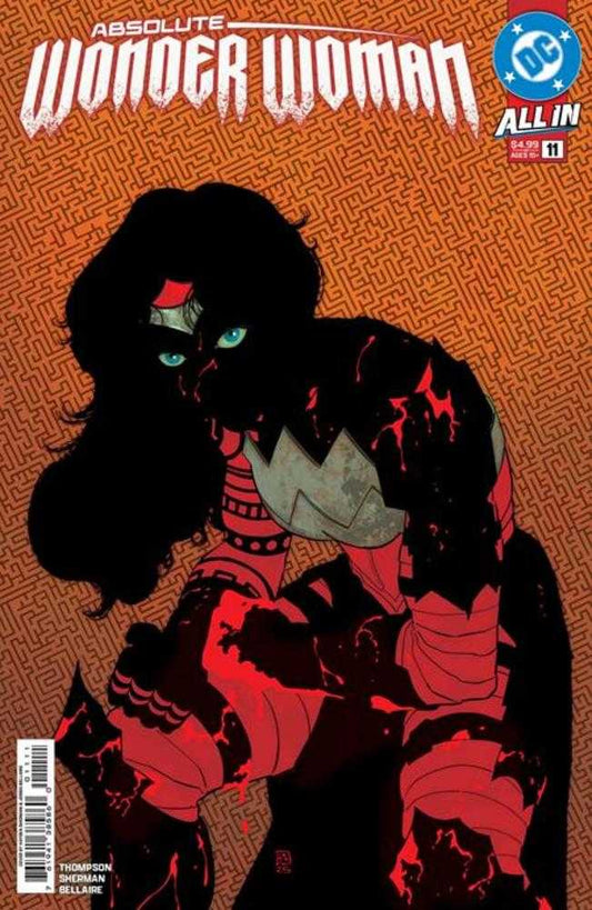 Comic book cover featuring a character in red and black costume with a stylized background
