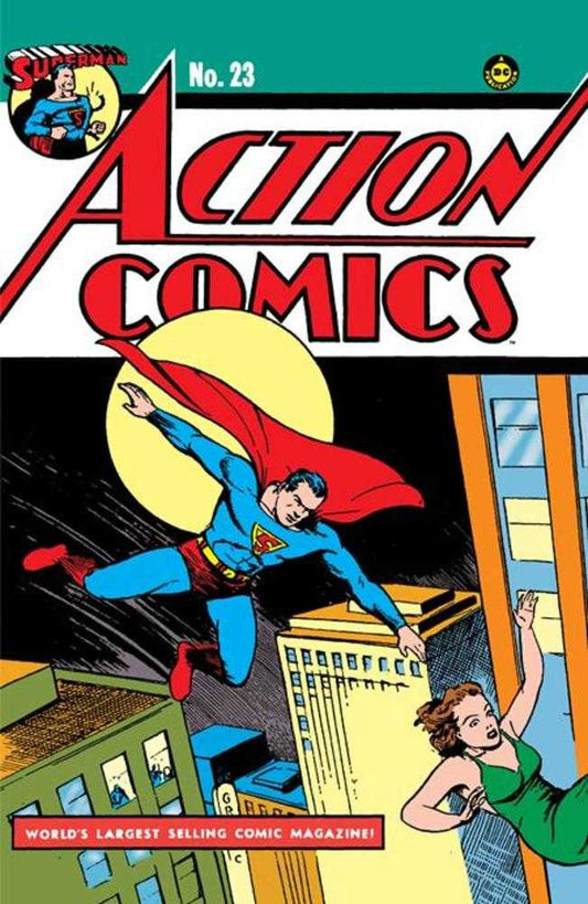 Comic book cover featuring Superman flying over a cityscape with a woman below.