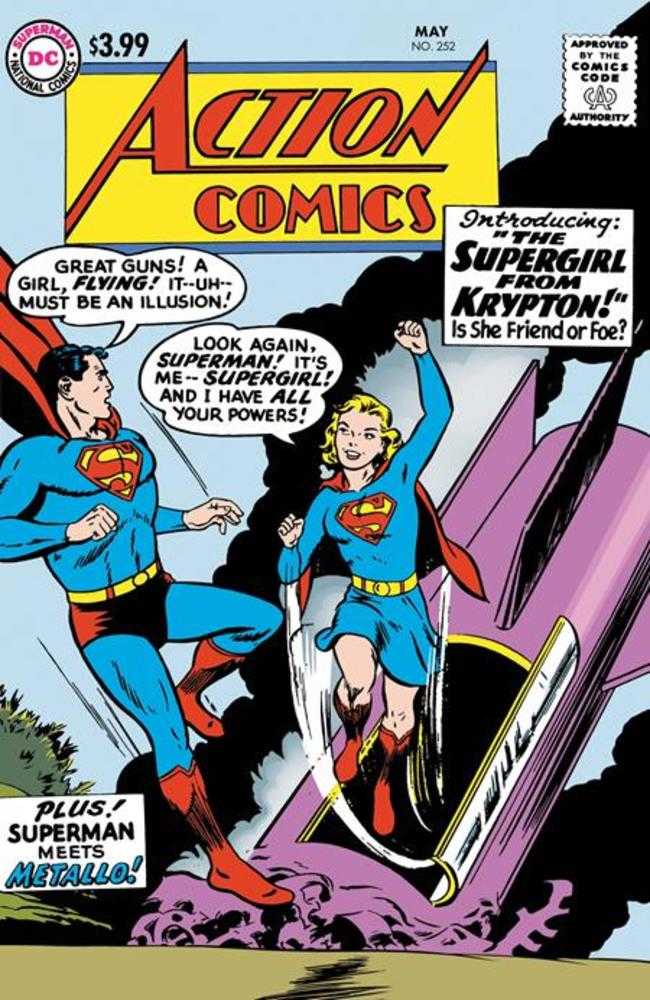 Comic book cover featuring Superman and Supergirl with text about Supergirl from Krypton.