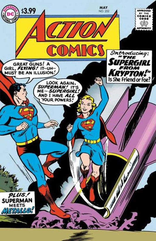 Comic book cover featuring Superman and Supergirl with text about Supergirl from Krypton.